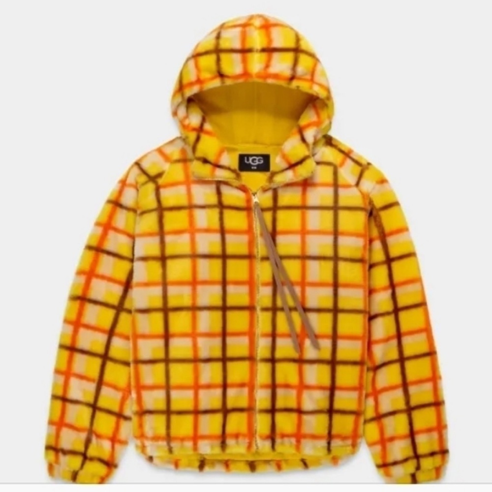 UGG Olympia Plaid Punk Fleece Full Zip Hooded Jacket Size S/M Orange & yellow